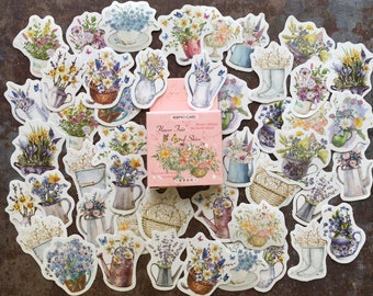 Wild flower displays sticker box, 46pcs of painted floral illustrations to decorate your journal or scrapbook