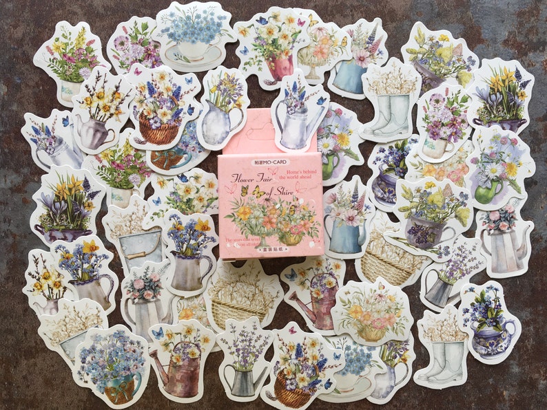 Wild flower displays sticker box, 46pcs of painted floral illustrations to decorate your journal or scrapbook image 1