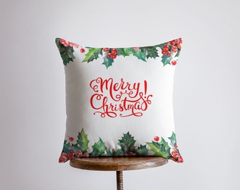 Red Merry Christmas Holly | Pillow Cover | Christmas Pillowcases | Christmas Decor | Throw Pillow | Home Décor | Christmas tree | Christmas