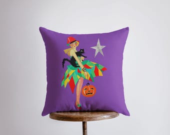 Vintage Art Deco Girls | Stars | Black Cat | Pumpkin Jack-O-Lantern | Fall Décor | Halloween Pillows | Halloween Décor | Fall Throw Pillows