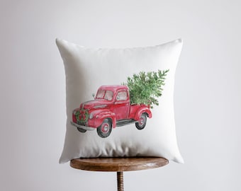 Red Christmas Truck with Tree Sideview | Pillow Cover | Red Truck | Christmas Decor | Throw Pillow | Home Decor | Rustic Christmas Decor