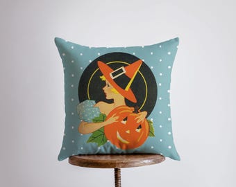 Vintage Art Deco Witch and Wizard | Pumpkin Jack-O-Lantern | Polka Dot | Fall Décor | Halloween Pillow | Halloween Décor | Fall Throw Pillow