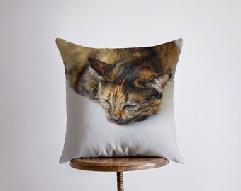 May include: A white pillow with a brown, black, and orange cat sleeping on it. The pillow is sitting on a wooden stool.