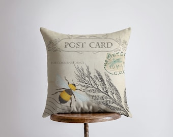 Postcard | Bee | Honey Bee | Pillow Cover | Farmhouse Decor | Room Décor | Insect Pillow | Vintage Decor | Throw Pillows | Gift for her
