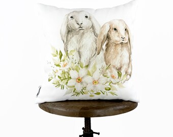 Floppy Ear Bunny Rabbits in Flowers | Easter Bunny Throw Pillows | Farmhouse Easter | Easter Throw Pillow | Bunny Pillow