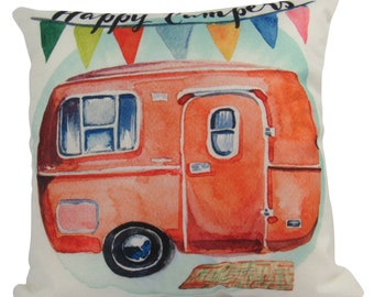 Happy Camper | Orange | Pillow Cover | Camper Decorations | Throw Pillow | Vintage Camper | Camper Gifts | Camper Decor | Gift Ideas