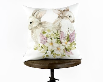 Two Bunnies Sitting in Flowers | Easter Bunny Throw Pillows | Easter Decorative Pillows | Easter Throw Pillow | Easter Pillow Cover