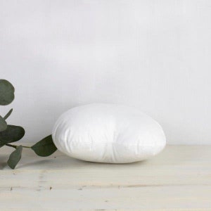 May include: A white round pillow with a smooth surface. The pillow is sitting on a light wood surface.