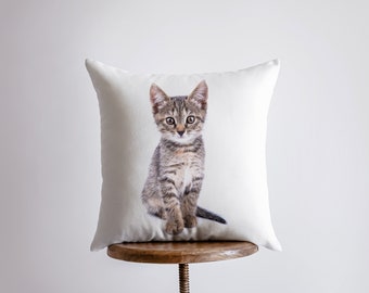 May include: A white throw pillow with a brown and white tabby kitten sitting on it. The kitten is looking directly at the camera.