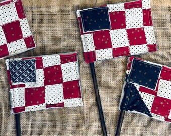 Vintage Quilt Flag | Handmade Americana Folk Art Decor | Patriotic Primitive Cottage Style
