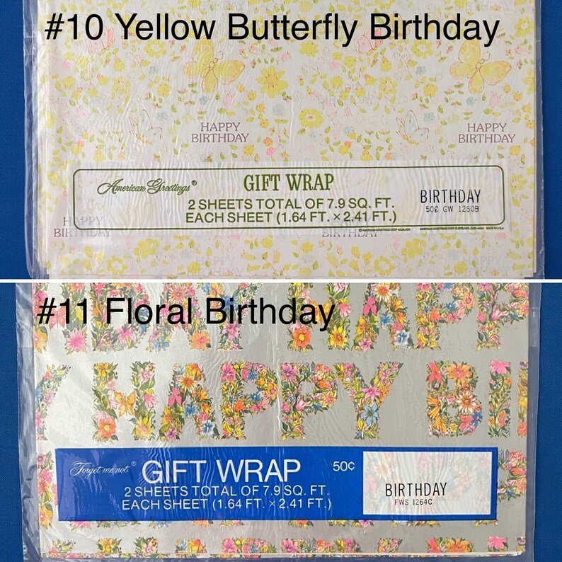 May include: Two packs of gift wrap featuring birthday themes. The first pack has a yellow background with butterflies and flowers and the text "#10 Yellow Butterfly Birthday". The second pack has a silver background with floral letters spelling "HAPPY" and the text "#11 Floral Birthday". Both packs have a blue label with the text "GIFT WRAP" and information about the size of the paper.