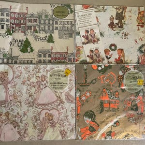 May include: Four packages of vintage gift wrap featuring various illustrations. Top left shows a snowy village scene. Top right depicts children with angels. Bottom left displays wedding couples. Bottom right features nursery rhyme characters.