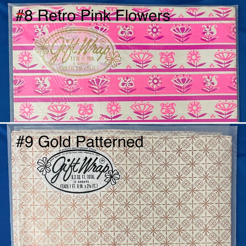May include: Two rolls of gift wrap, one with a pink and white floral pattern and the other with a gold geometric pattern. Both rolls are labeled "Gift Wrap" and include the text "8.3 sq. ft. total, 2 sheets".
