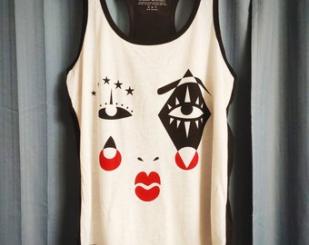 Art by Tati, Harlequin 1 Female Graphic Tank Top I water based ink I screen printed I black and white