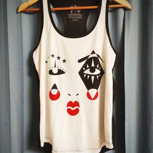 Original Harlequin Design Tank Top, Black & Red High Contrast Graphic Tee, Water-Based Ink, Screen Printed, Lightweight Jersey, Cotton Blend