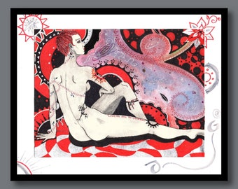 Signed Female Figure Art Print, Universe Theme (11x8.5 in)