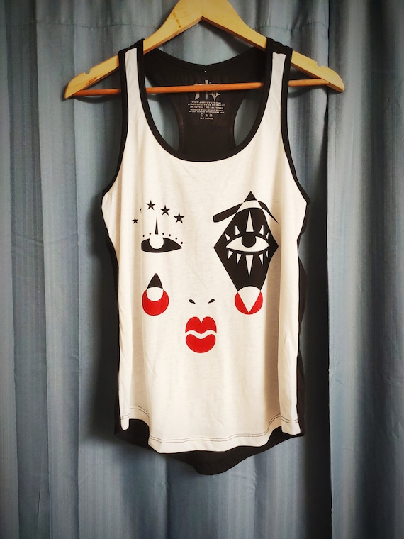 Harlequin Graphic Tank Top, Black & Red Screen Print, Cotton Blend