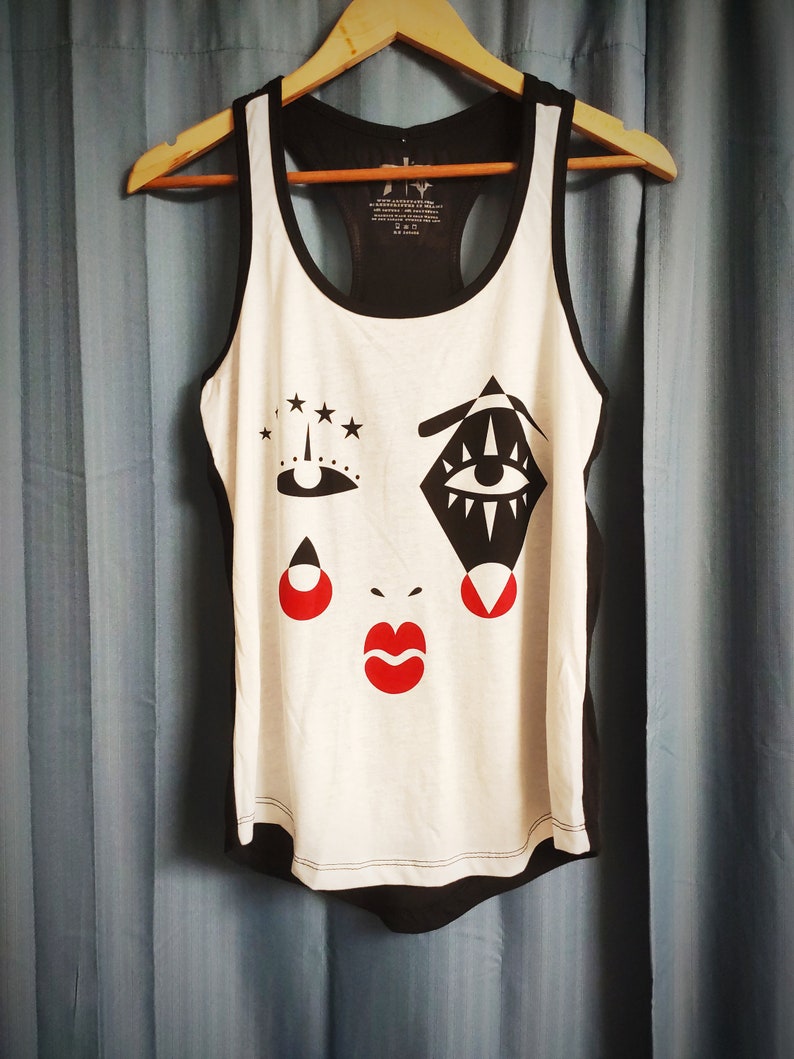 Harlequin Graphic Tank Top, Black & Red Screen Print, Cotton Blend image 1