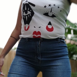 Harlequin Graphic Tank Top, Black & Red Screen Print, Cotton Blend image 5