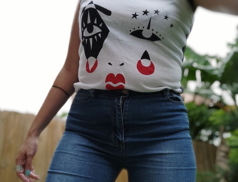 Harlequin Graphic Tank Top, Black & Red Screen Print, Cotton Blend image 5