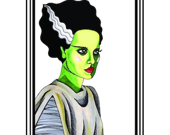 Bride of Frankenstein Art Print / classic movie monsters / Halloween Wall Decor / Gothic Home Decoration / Unique Halloween Gift