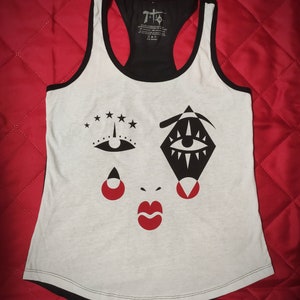 Harlequin Graphic Tank Top, Black & Red Screen Print, Cotton Blend image 2