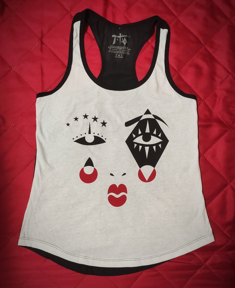 Harlequin Graphic Tank Top, Black & Red Screen Print, Cotton Blend image 2