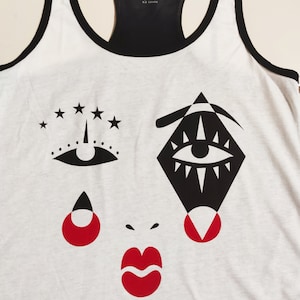 Harlequin Graphic Tank Top, Black & Red Screen Print, Cotton Blend image 3
