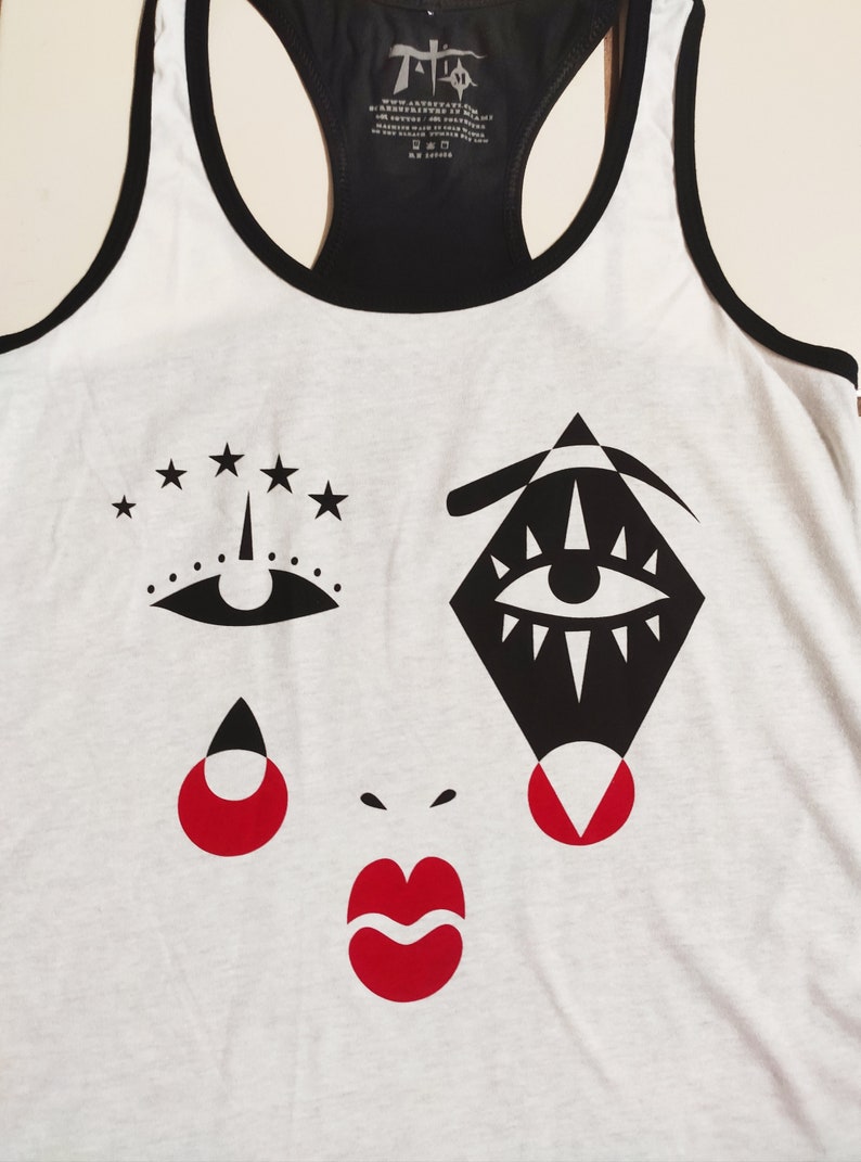 Harlequin Graphic Tank Top, Black & Red Screen Print, Cotton Blend image 3
