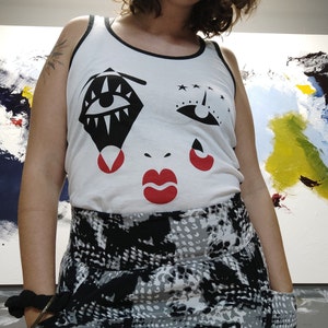 Harlequin Graphic Tank Top, Black & Red Screen Print, Cotton Blend image 6