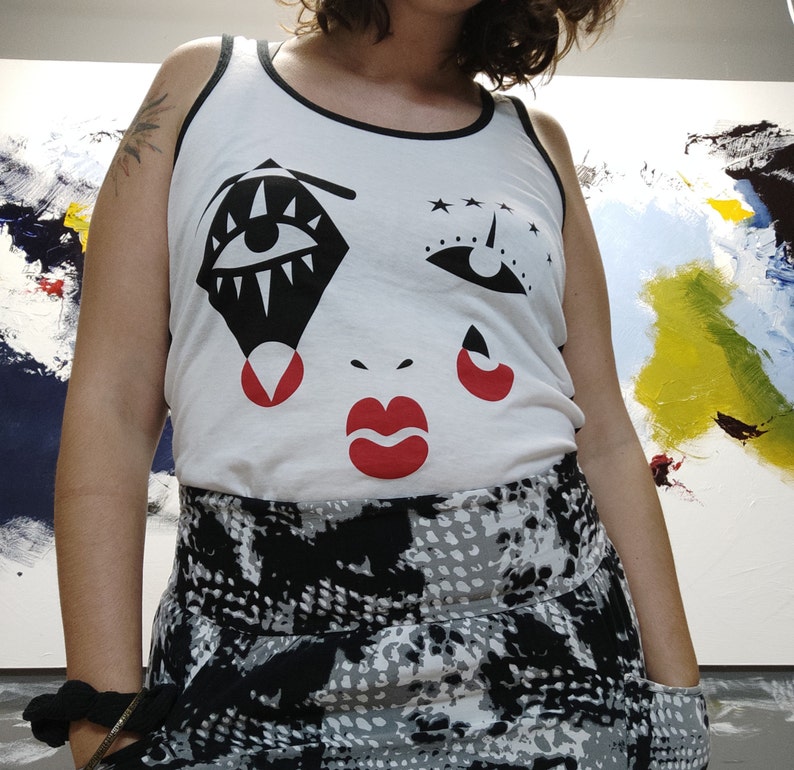 Harlequin Graphic Tank Top, Black & Red Screen Print, Cotton Blend image 6
