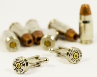 Winchester 357 Sig Bullet Cufflinks Cuff Links Made w/ Real Bullet Shell Casings Steam Punk Victorian Military Wedding Jewelry