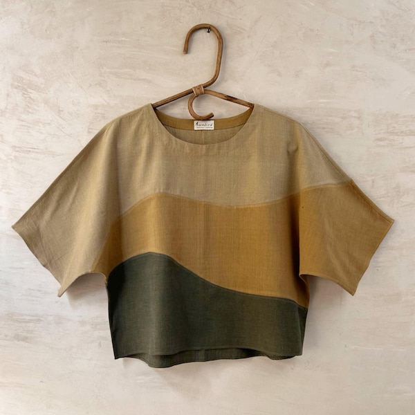 Organic Women's patchwork top, Handwoven Organic Cotton, Natural Dyes, Japanese style, Free size, Ready to Ship