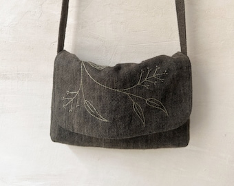 Linen mobilebag with long shoulderstrap, with hand embroidery, charcoal, Ready to Ship