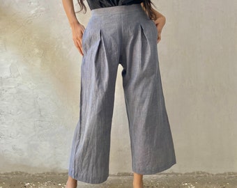 Women's Organic Cotton Pants, Hand woven Cropped trousers with pleat, Natural Dyes, Ready to Ship