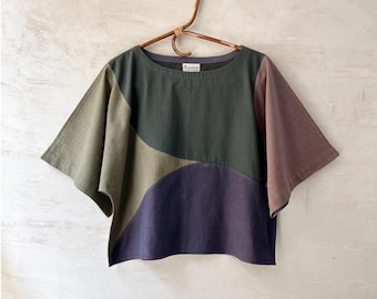 Organic Women&#39;s colourful panel top, Handwoven Organic Cotton, Natural Dyes, Kimono sleeves, Free size, Ready to Ship