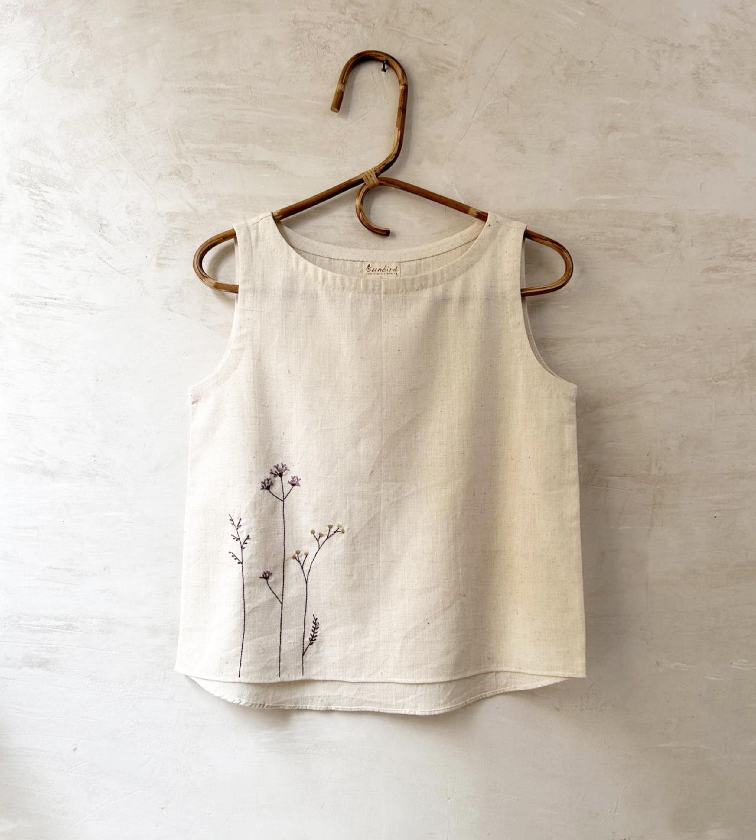 Organic Women's Sleeveless Top, Handspun Handwoven Raw Organic Cotton, Natural white, Khaki, Natural Dyes, Hand Embroidery, Ready to Ship