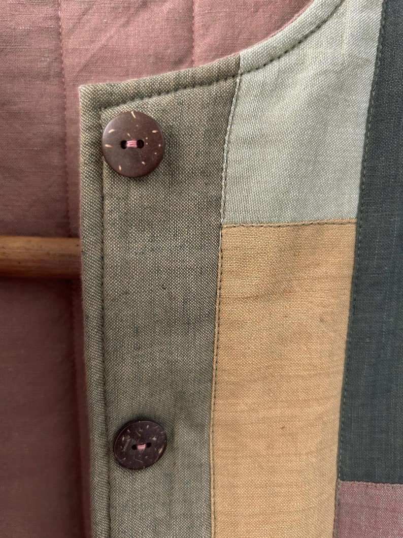 Women's Organic Patchwork Vest, Button Down, Upcycled Organic Cotton, Handwoven in Natural Dyes