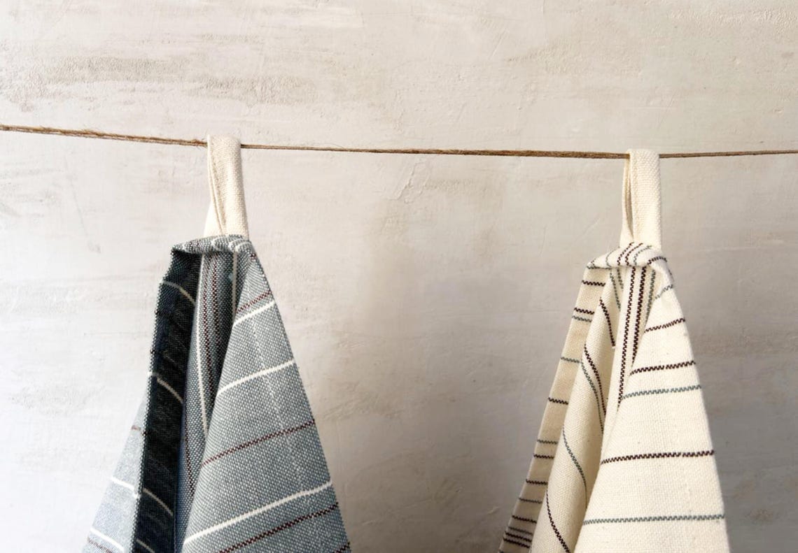 View of Handwoven Organic Cotton Kitchen Towels - Set of 2 - Irregular Stripe ...