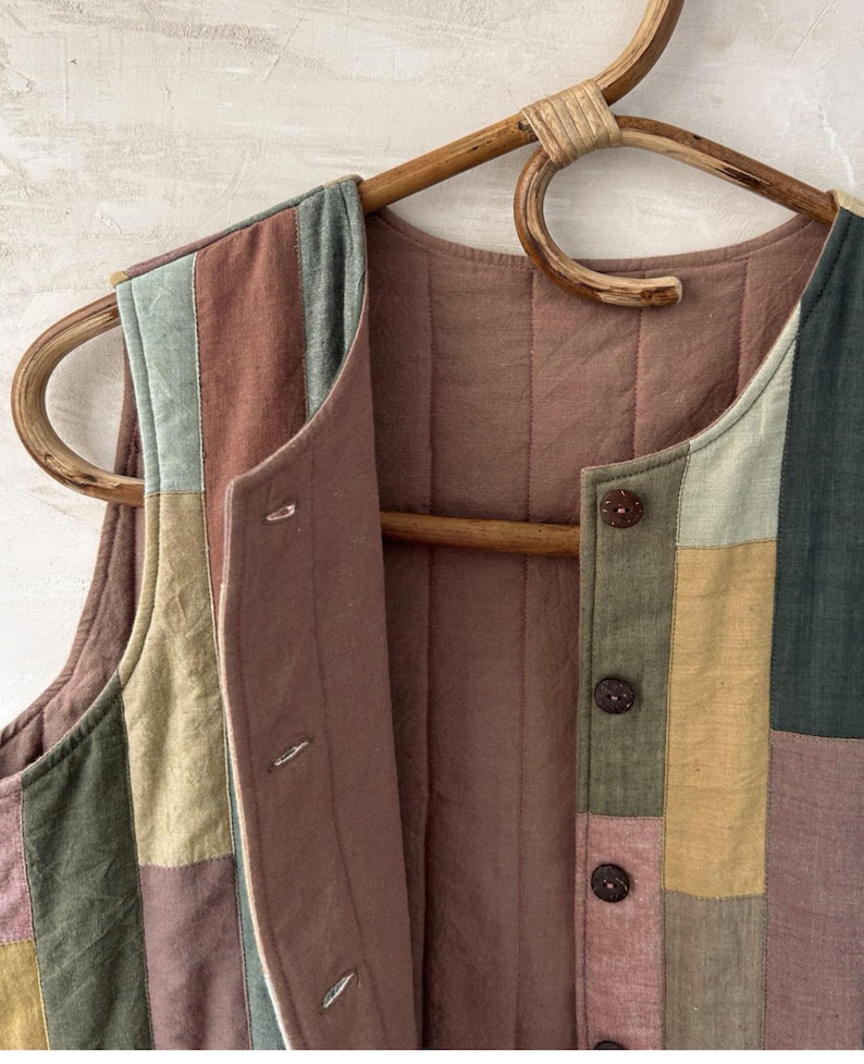 Women's Organic Patchwork Vest, Button Down, Upcycled Organic Cotton, Handwoven in Natural Dyes