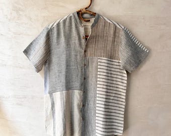 Men&#39;s Linen Shirt, Half Sleeve, Grandpa Collar, Washed Upcycled Linen, Stripes Patchwork, Ready to Ship