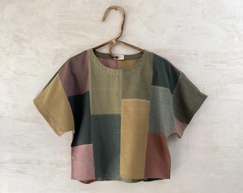 Organic Women&#39;s patchwork top, Upcycled, Handwoven Organic Cotton, Natural Dyes, Japanese style, Kimono sleeves,Ready to Ship