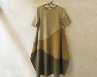 Women's Organic Cotton Dress in Natural Dyes, half sleeves A-line Midi dress, Ready to Ship