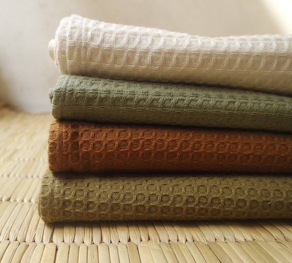 BATH TOWELS Cotton Linen Large Green and Brown Organic Soft Waffle Quick  Dry