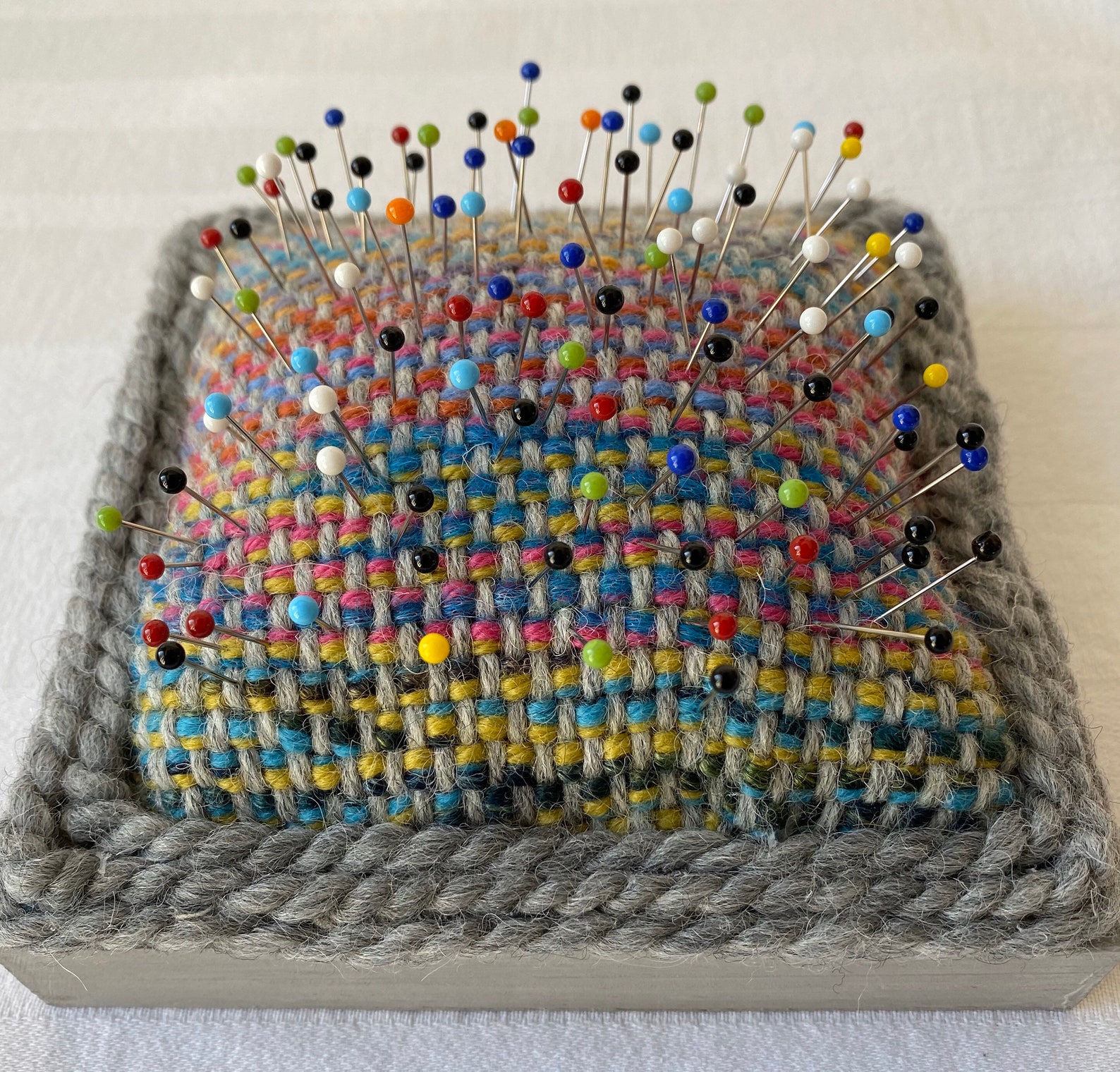 Hand woven pincushion with wooden base and 100 Bohin pins Etsy