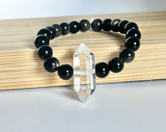 クリスタルとシルバーのオブシダインブレスレット