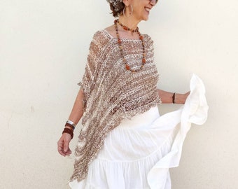 Poncho hippie chic, vêtements de style boho, poncho d'été, châle en coton, vêtements hippies, châle d'été pour femmes, vêtements d'été neutres