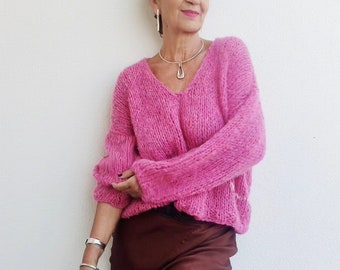 V-neck sweaters for women, hand knitted sweaters, women wool sweaters, pink women jumpers, cropped hygge sweater, pink women trends