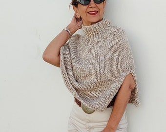 Poncho de lana tejido a mano, poncho beige de mujer, cuello alto lana dos agujas, neutro de punto, poncho grueso lana,