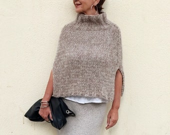 Poncho in lana da donna, scialle in lana tessuto a mano, poncho a collo alto in lana, poncho beige da donna, mantella in lana a due aghi